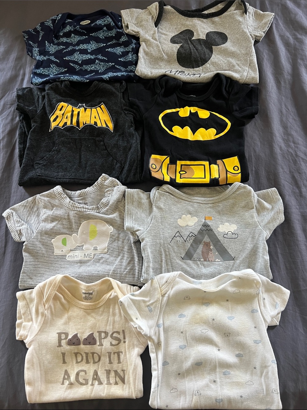 Lot of 8 baby onesies size 0-3 month Batman elephant Mickey sharks poop bear